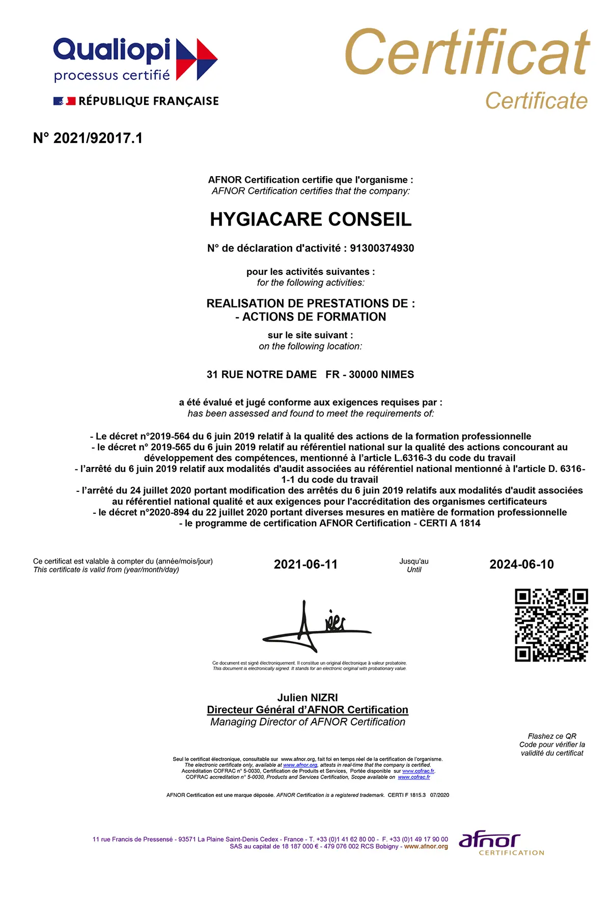 Certificat QUALIOPI HygiaCare Conseil